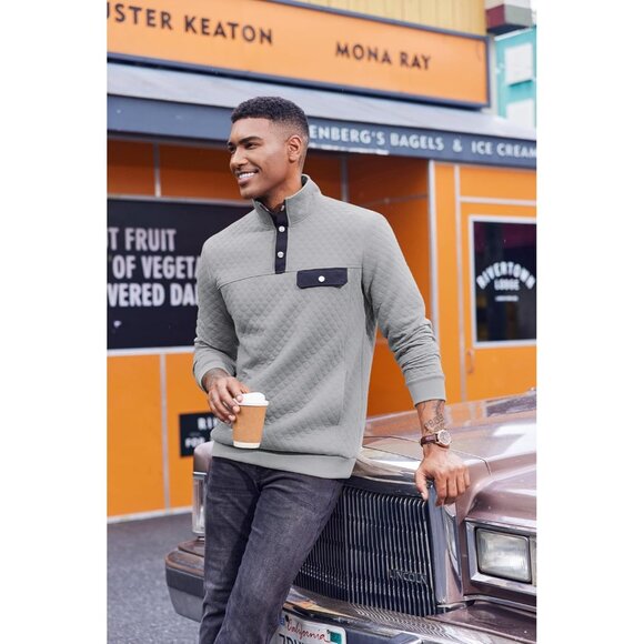 Men's Sweatshirt Quarter Button Pullover Sweatshirt Stand Collar Polo Light Grey - Picture 2 of 5